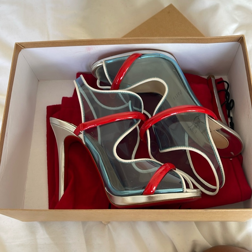 PVC high heels brand new with duster bag and box